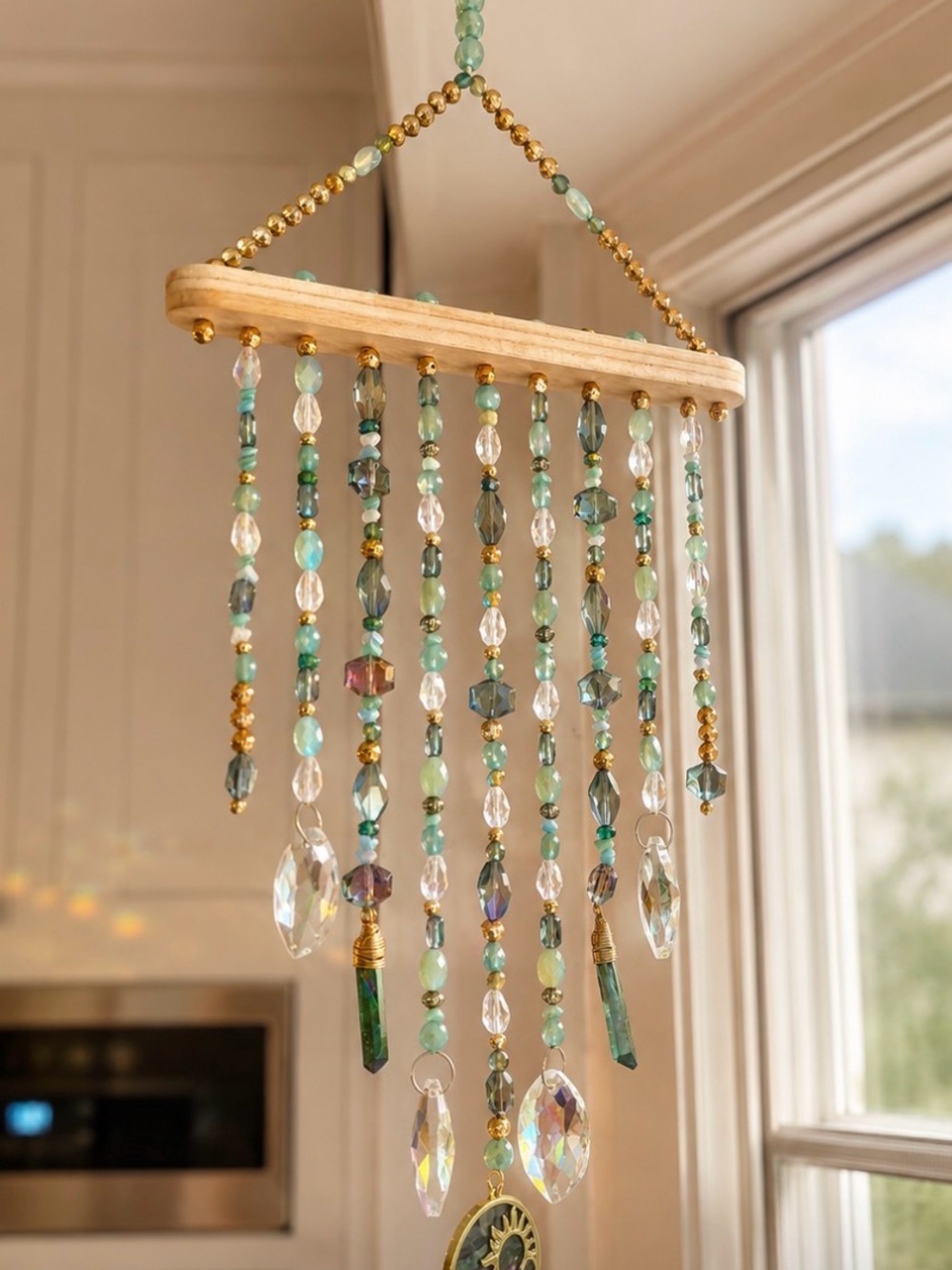 Handmade Beaded Wall Hanging - Turquoise & Gold Suncatcher